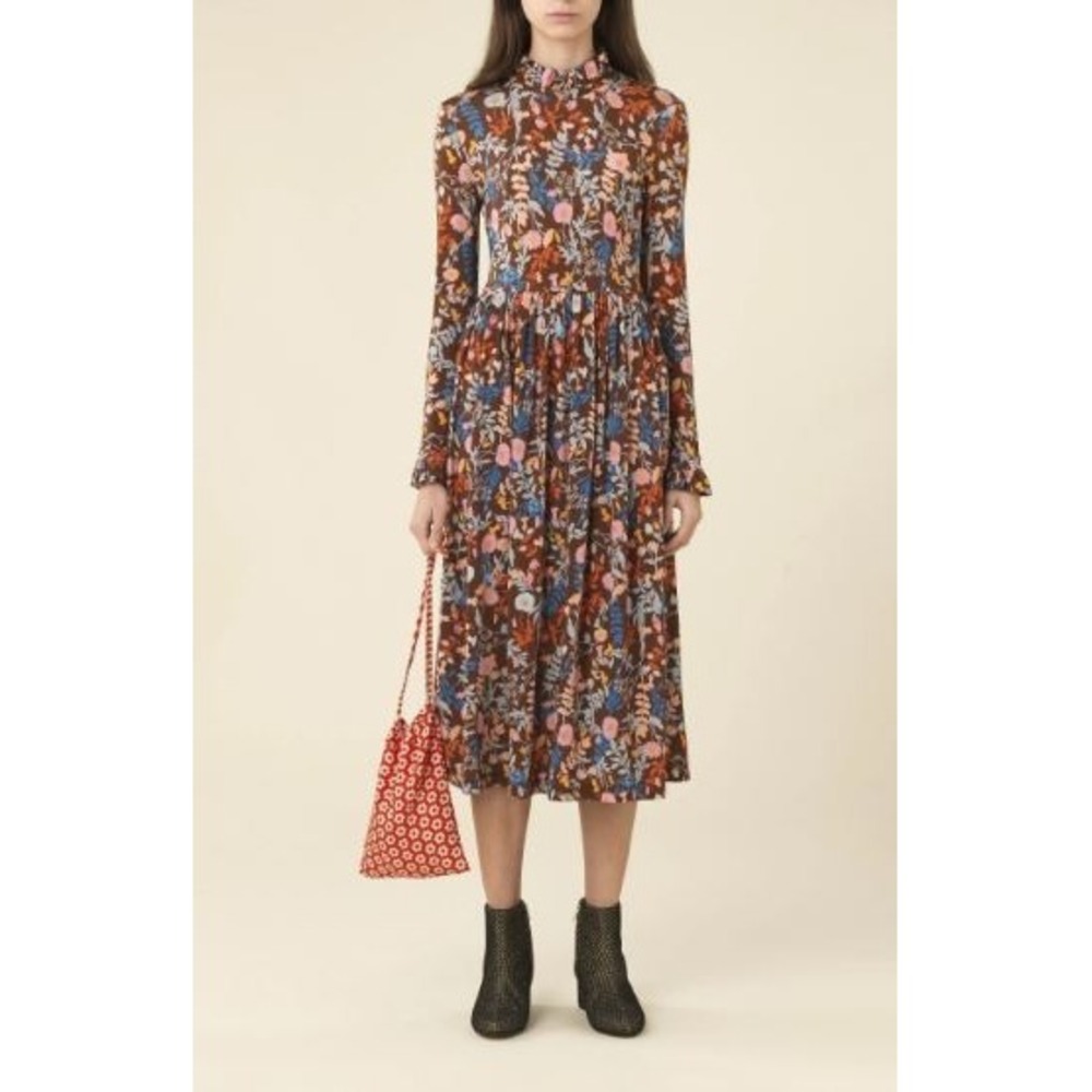 STINE GOYA Clarabelle Midi Dress Brown Floral Ruffles Knit‎ Jersey Flowy Size 4